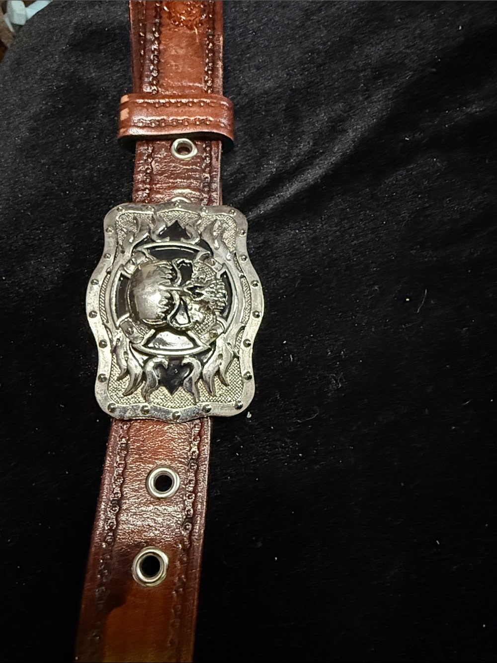 Brown Leather Men's Belt with Decorative Skull Buckle 54”